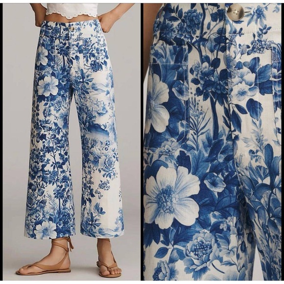 Maeve by Anthropologie Pants - Maeve Anthropologie Linen Blend Wide Leg Pants Blue White Floral Toile Sz US 12